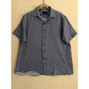 David Donahue Shirt Men's XL Blue Floral Linen Short Sleeve Button Up Casual